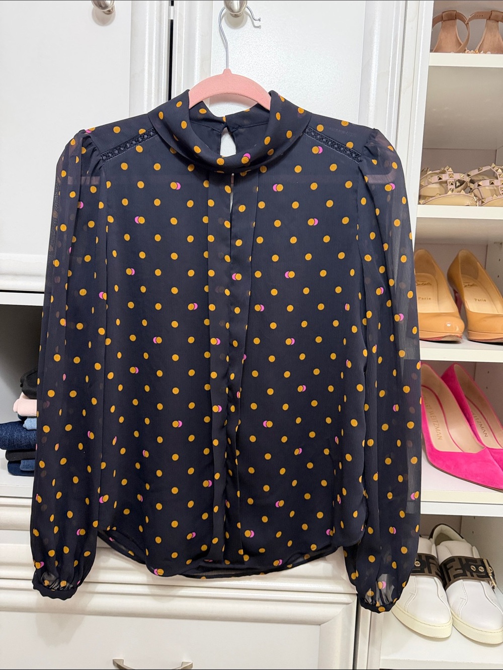 Ann Taylor Navy Polka Dot Mock Neck Blouse with Yellow and Pink Dots
